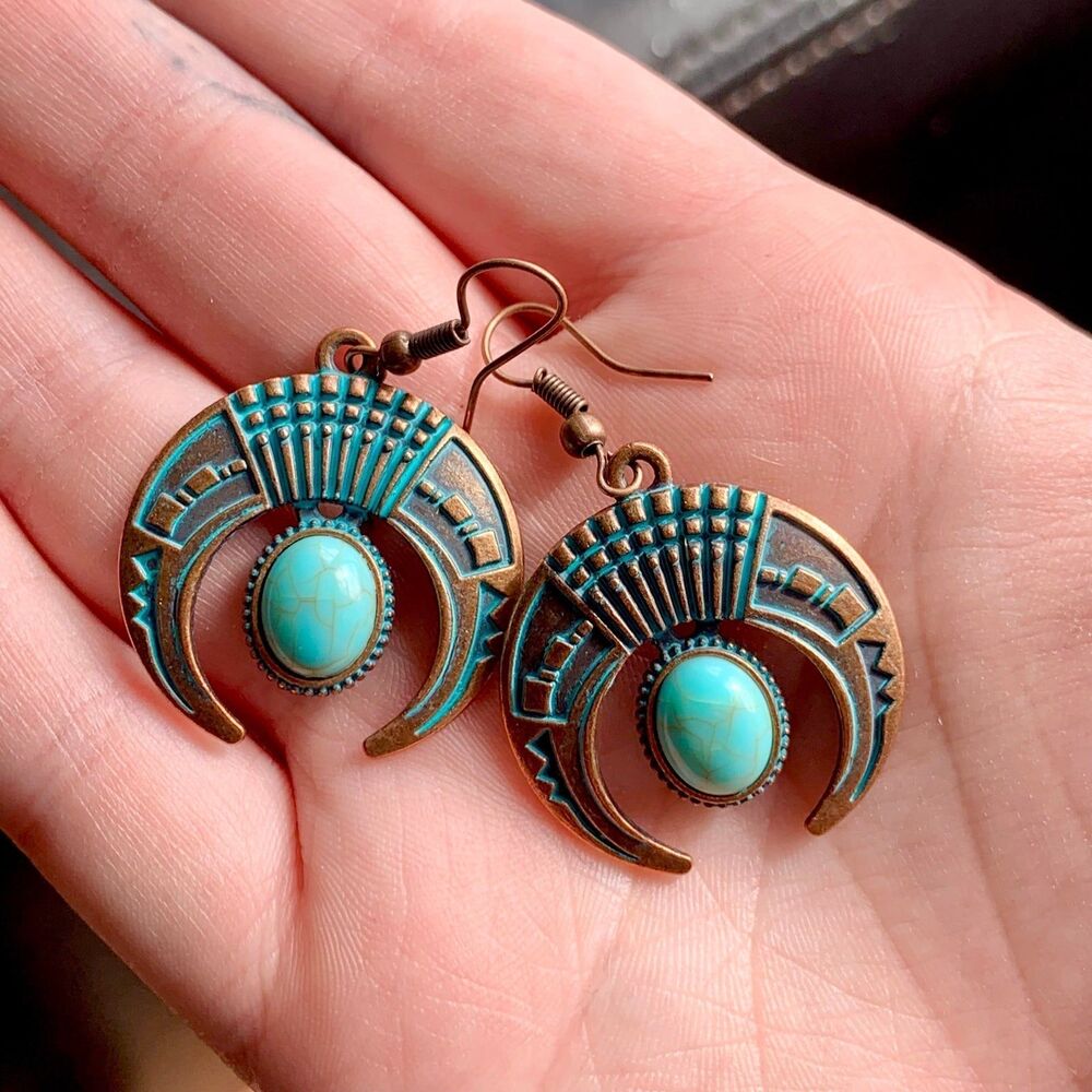 Etched Faux Turquoise Bohemian Crescent Moon Half Moon Sky Mythical Earrings - Picture 2 of 3